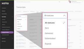 Transcripts page in Xello. The "All Sent Transcripts" dropdown menu is open showing the option to filter by Sent to Institution, Received by Institution, Transcript Expired, and Delivered to Institution